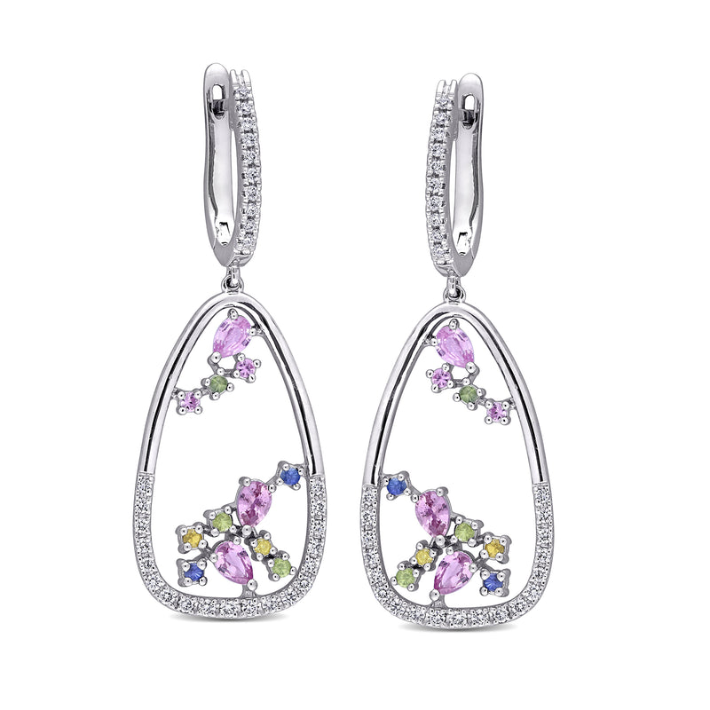 White gold hoop drop earrings with diamond accents and multicolored sapphire stones