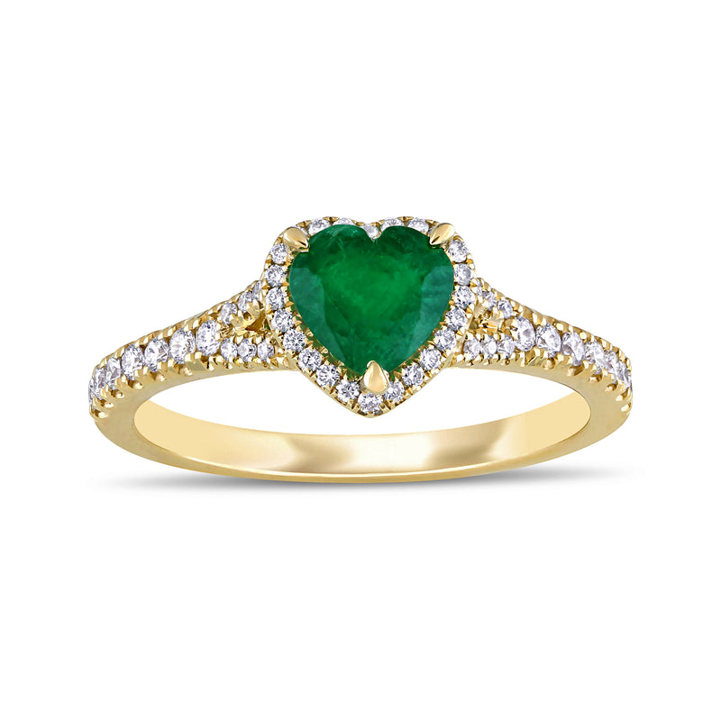14kt yellow gold heart ring with emerald-green centerpiece and diamond halo