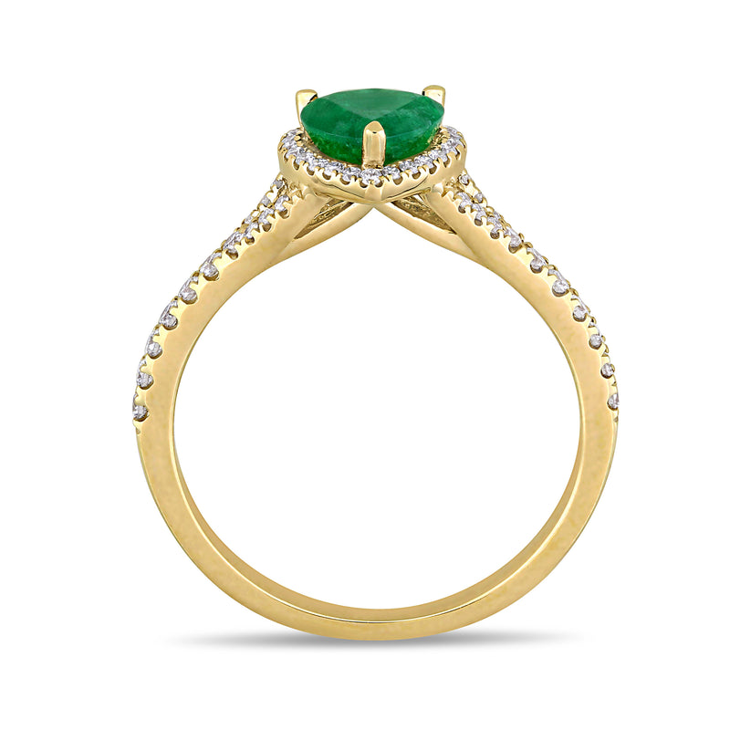 Yellow gold ring view from top with emerald-green heart and diamond border