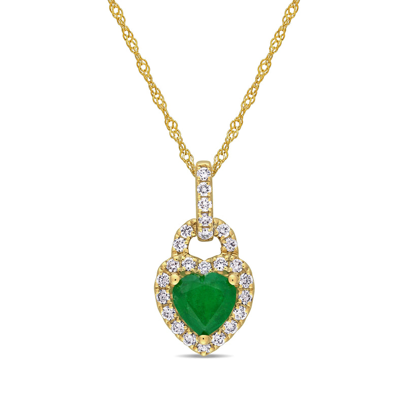 14kt yellow gold heart pendant necklace with green emerald center and diamond halo
