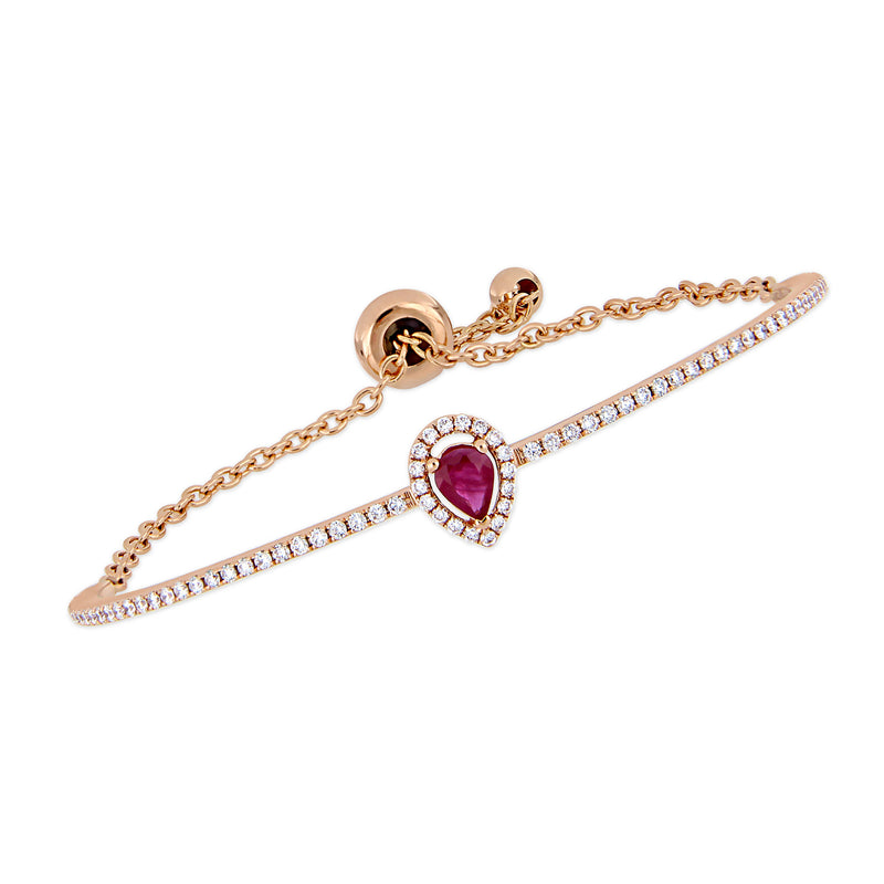 Ruby and diamond bar bolo bracelet in rose gold with teardrop ruby center