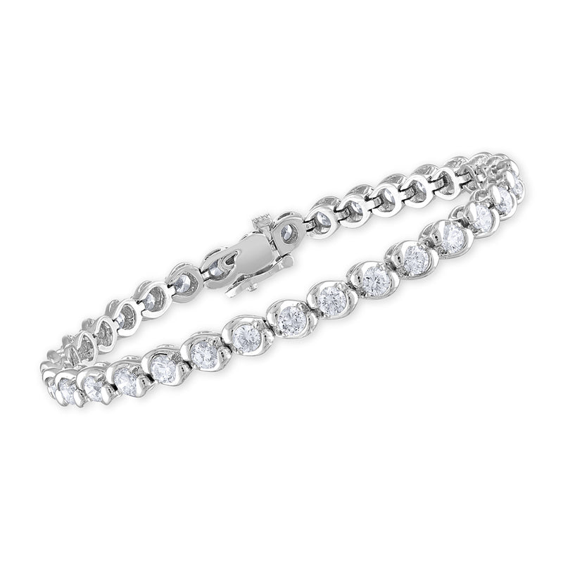 14kt white gold diamond tennis bracelet with round clear stones in hinged link rows