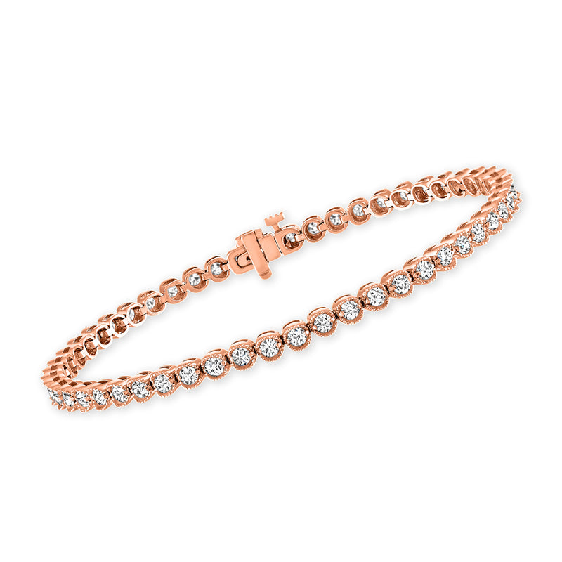14kt rose gold diamond tennis bracelet with bezel-set round stones, hinged clasp