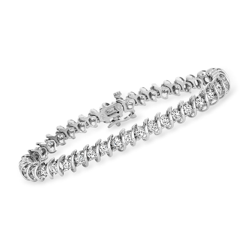 Sterling silver diamond S-link tennis bracelet with linked rows of round stones