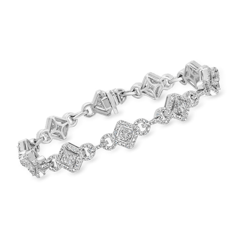 14kt white gold diamond link bracelet with multi-shaped square and round stones