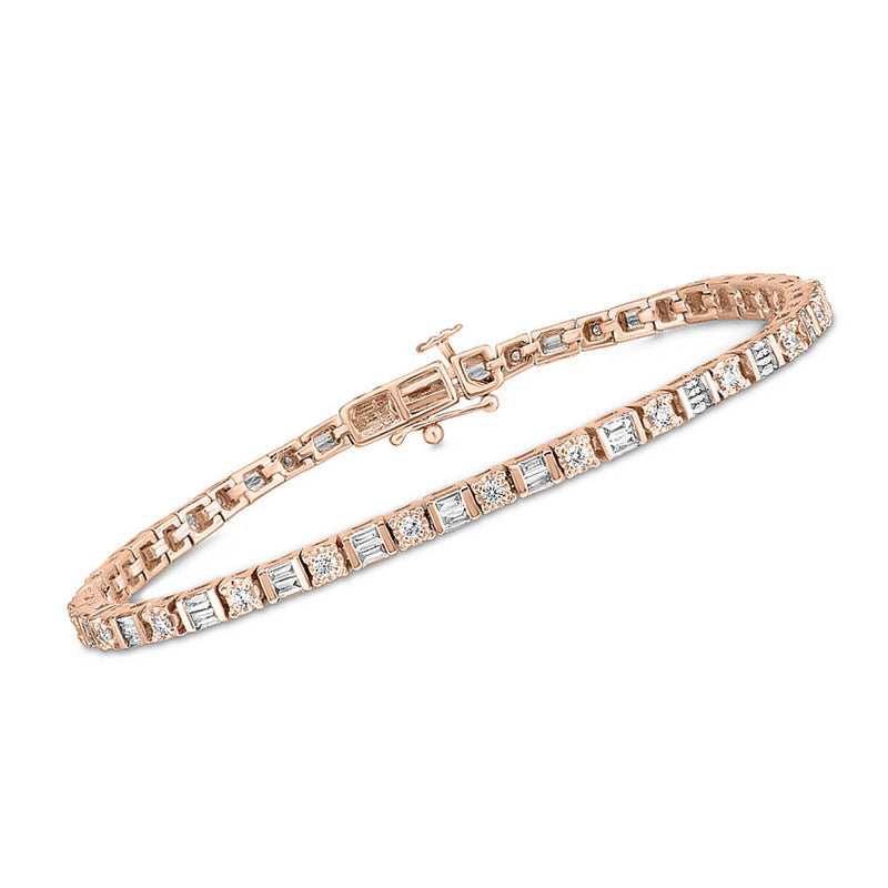 14kt rose gold diamond tennis bracelet with rectangular links and sparkling stone rows