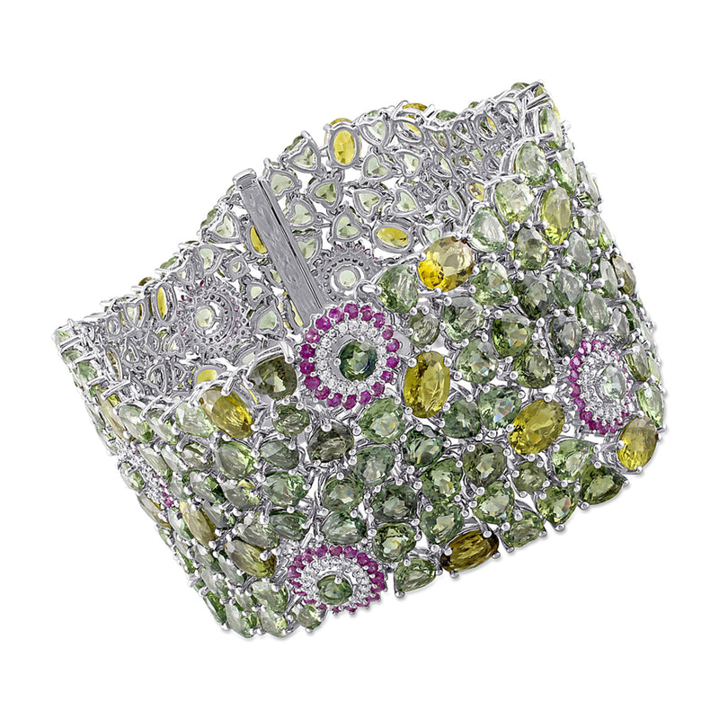 14kt white gold tennis bracelet with round multi-gemstone clusters and diamond accents
