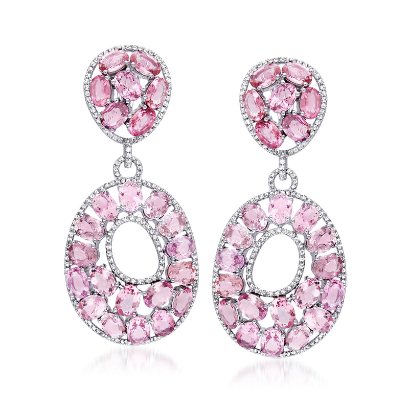Pink tourmaline drop earrings with diamond-like halo in white gold, oval teardrop design