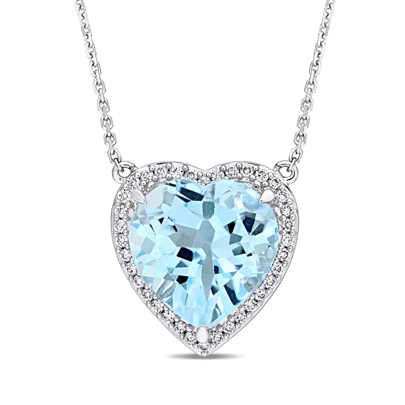 Heart pendant necklace with sky blue topaz and diamond halo on white gold chain