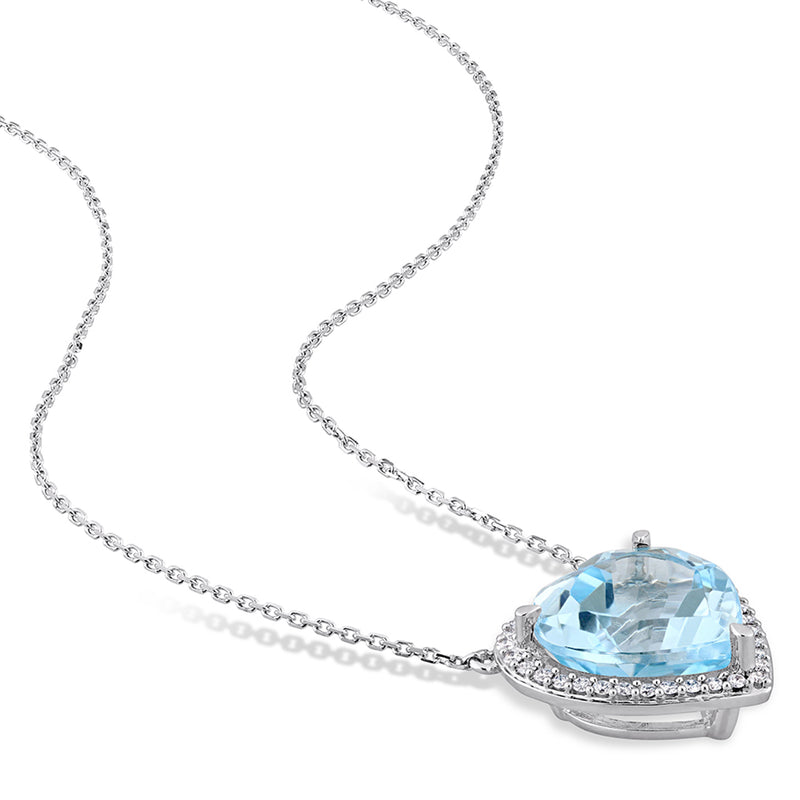Side view heart pendant necklace: blue topaz with diamond halo on white gold chain
