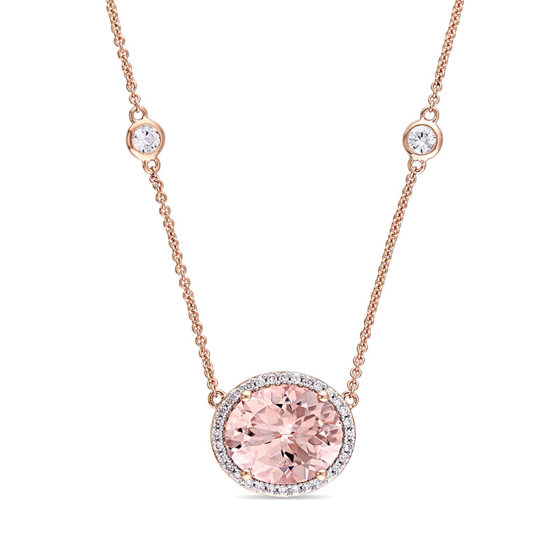 Rose gold necklace with oval pink morganite pendant and white stone halo on chain