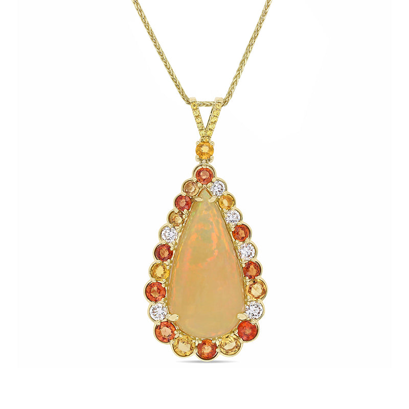 14kt yellow gold pendant necklace with teardrop opal center and multicolor sapphire halo