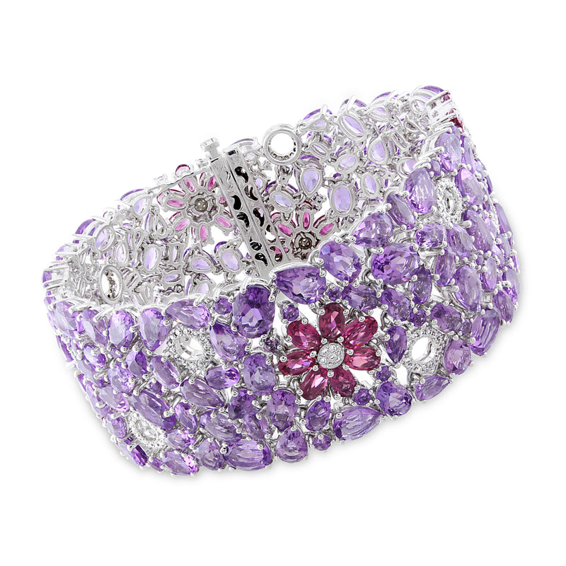 14kt white gold gemstone bracelet with purple amethyst clusters and pink accents, diamond details