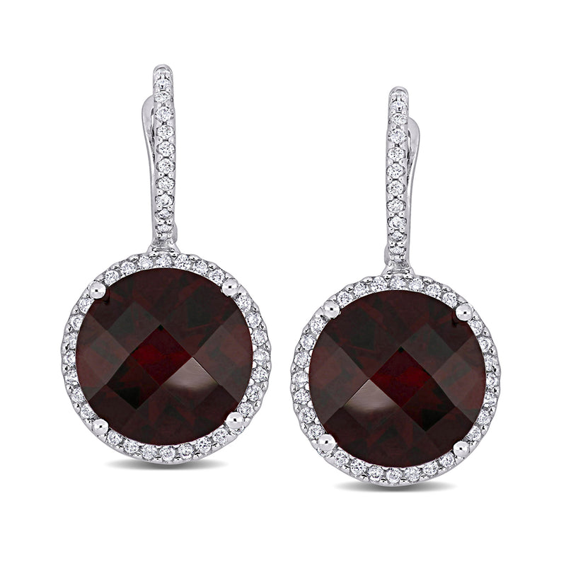 Rhodolite garnet drop earrings in 14kt white gold with diamond halo