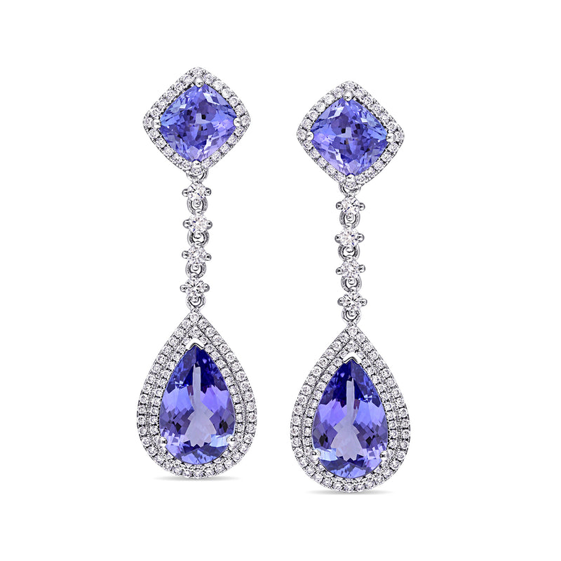 14kt white gold tanzanite and diamond drop earrings, purple pear & cushion stones