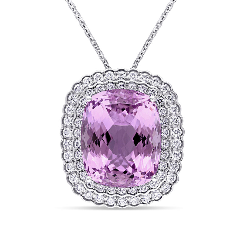 14kt white gold necklace pendant with cushion-cut kunzite and diamond halo
