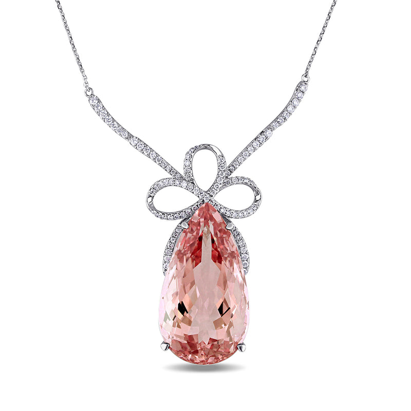 White gold necklace with pear-cut pink morganite teardrop pendant and diamond bow accents