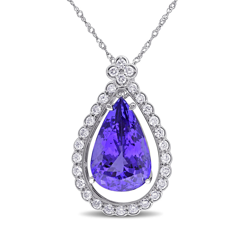 14kt white gold necklace with pear-cut tanzanite and diamond halo pendant