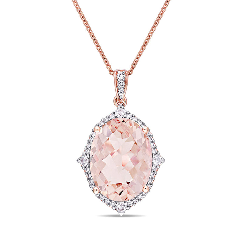 Rose gold pendant necklace with oval morganite gemstone and diamond-like halo