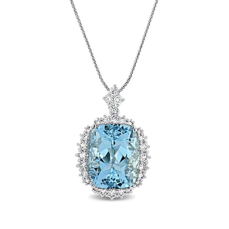 14kt white gold aquamarine pendant with oval blue gemstone and diamond halo, on chain