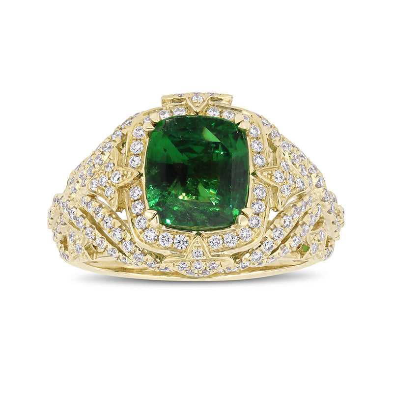 14kt yellow gold ring with emerald-green tsavorite center and diamond halo
