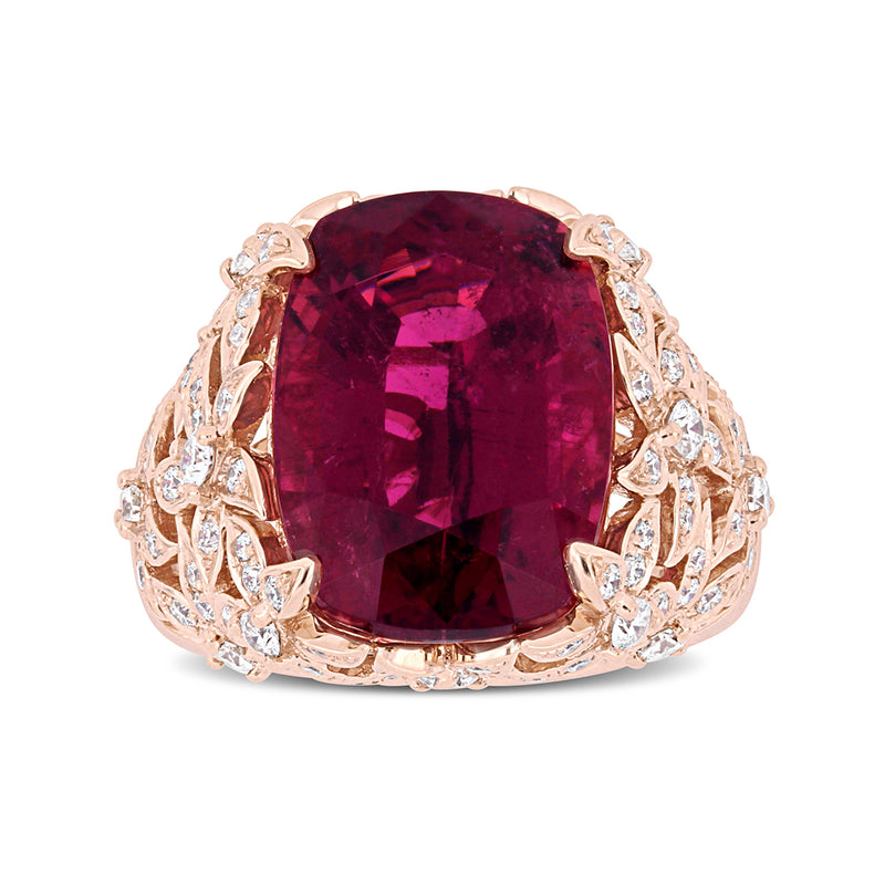 14kt rose gold ring with cushion-cut pink tourmaline center and diamond halo