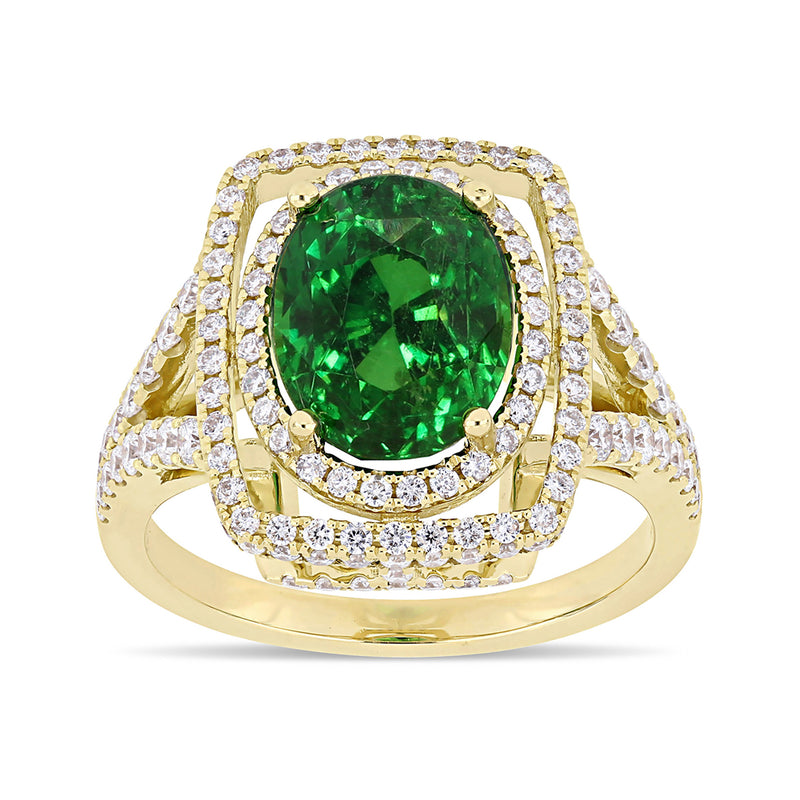 14kt yellow gold ring with oval green tsavorite center and diamond halo rows