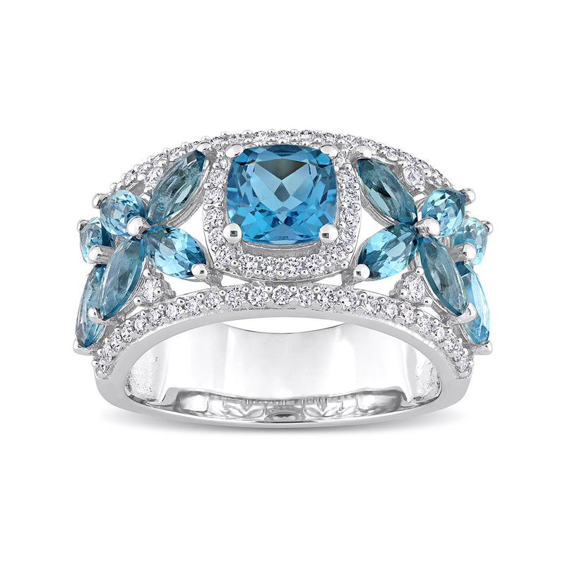 14kt white gold ring: cushion-cut London blue topaz center, diamond halo, blue topaz side accents