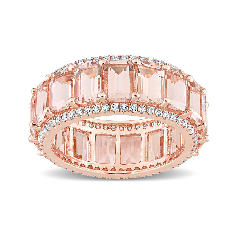 14k rose gold eternity band with rectangular morganite and small diamond accents