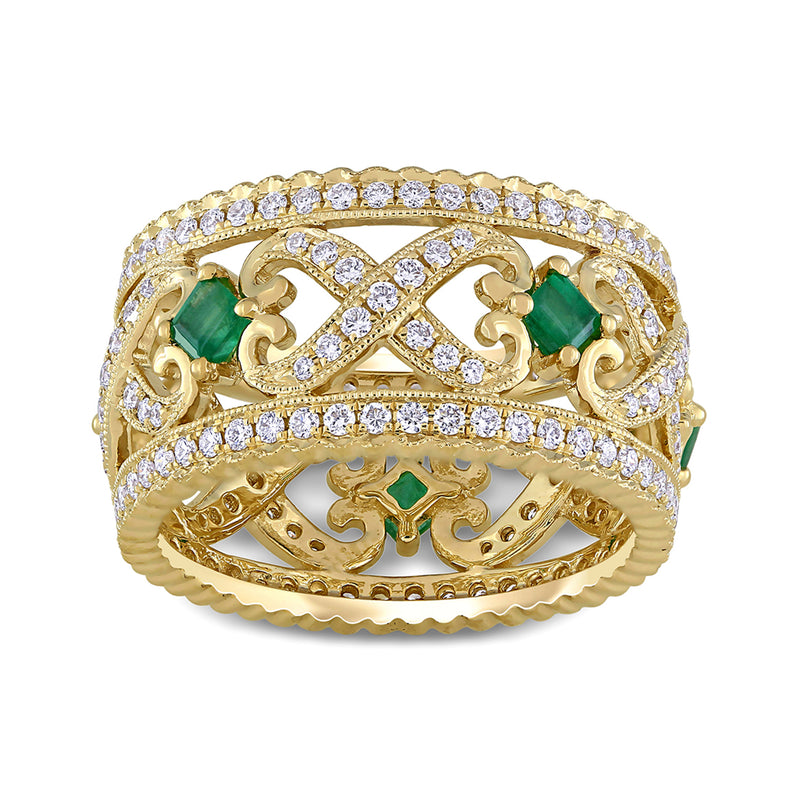 14kt yellow gold diamond and emerald ring with openwork scroll design