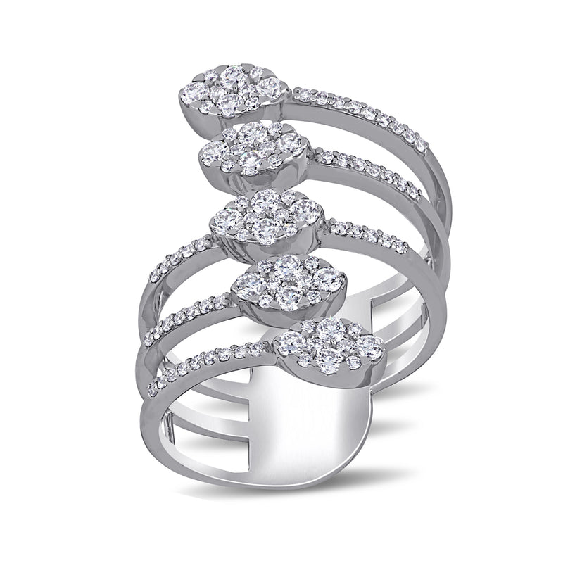 14kt white gold diamond multi-row coil ring with round pave settings, 5 stone clusters