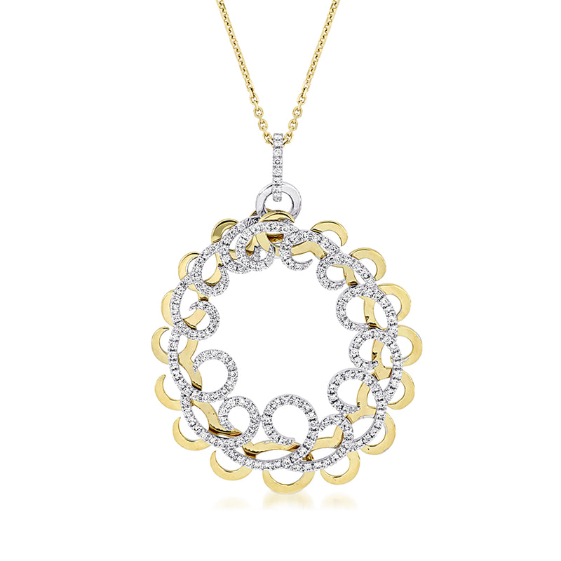 Two-tone 14kt gold diamond circle pendant with round halo and linked rope border