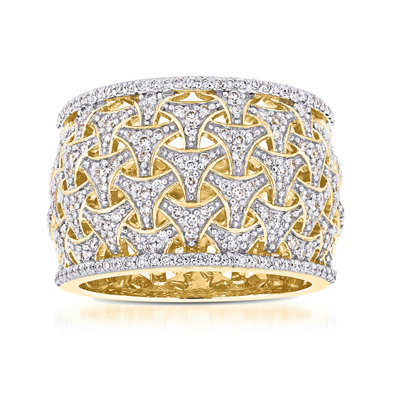 Basketweave diamond ring in 14kt yellow gold, wide band with sparkling lattice