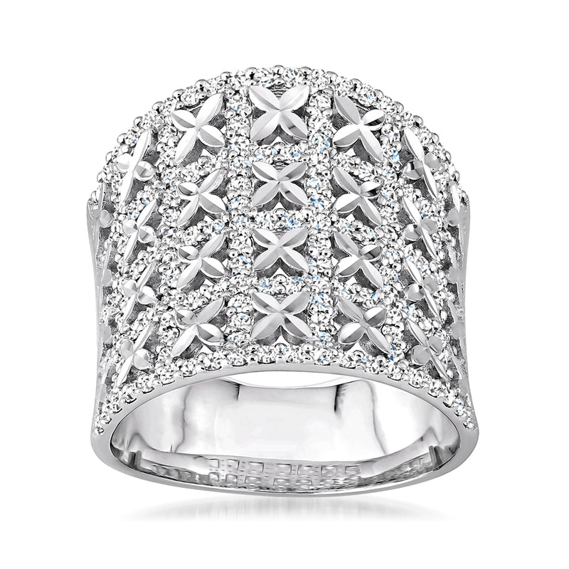 18kt white gold concave diamond cluster ring with marquise-cut stones, wide band