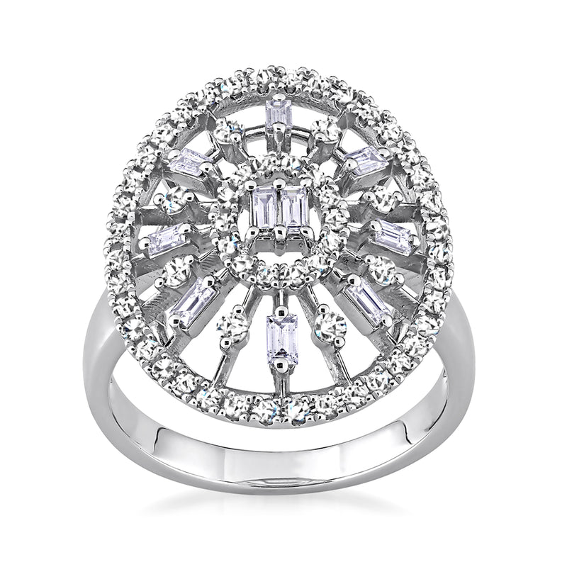 14k white gold openwork diamond ring with square center and baguette side stones