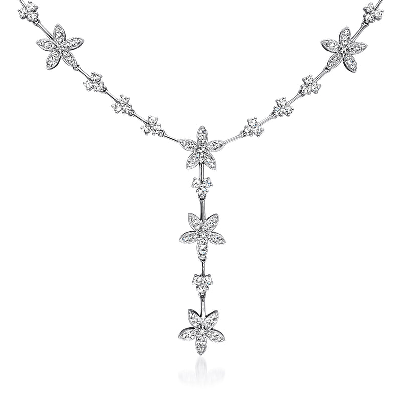 14kt white gold diamond flower pendant necklace with five floral motifs