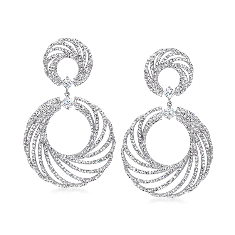 Diamond open-space circle drop earrings, 18kt white gold with concentric ring sparkle