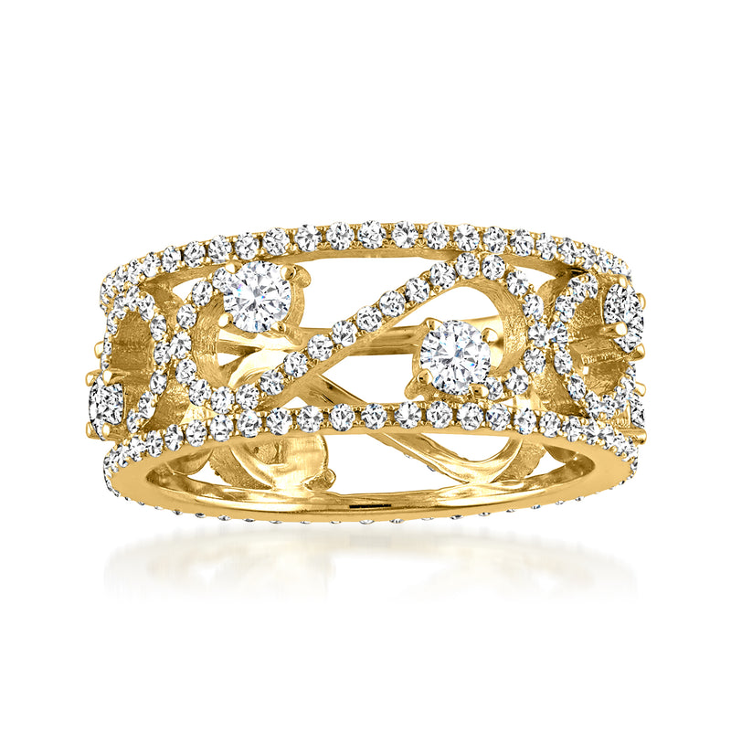 18kt yellow gold swirl openwork ring with round diamond accents