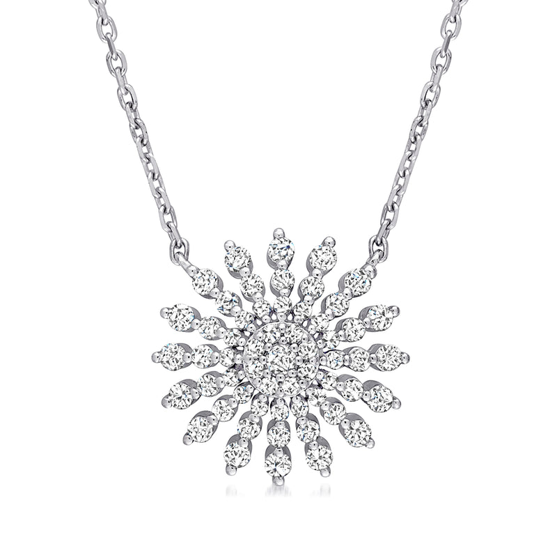 14kt white gold diamond sun necklace with sparkling central cluster and rays