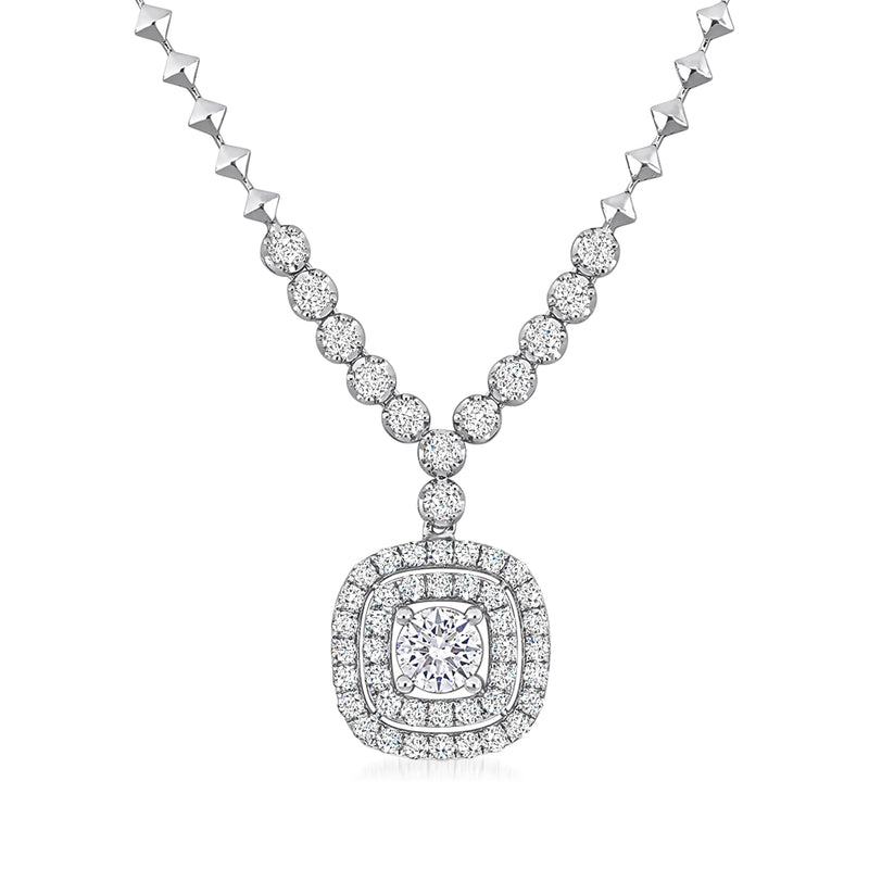 18kt white gold diamond station necklace with round halo pendant and central stone