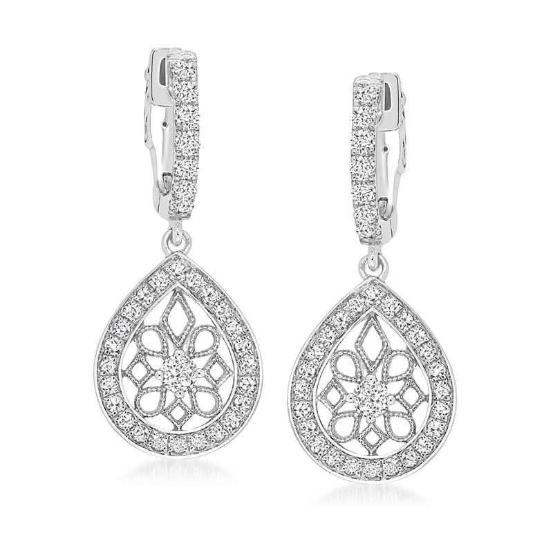 14kt white gold diamond teardrop hoop drop earrings with openwork floral design