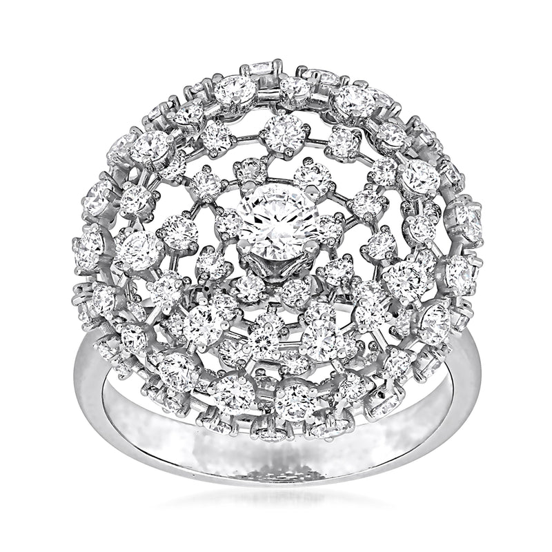 14kt white gold open-space diamond ring with round center and clustered halo stones