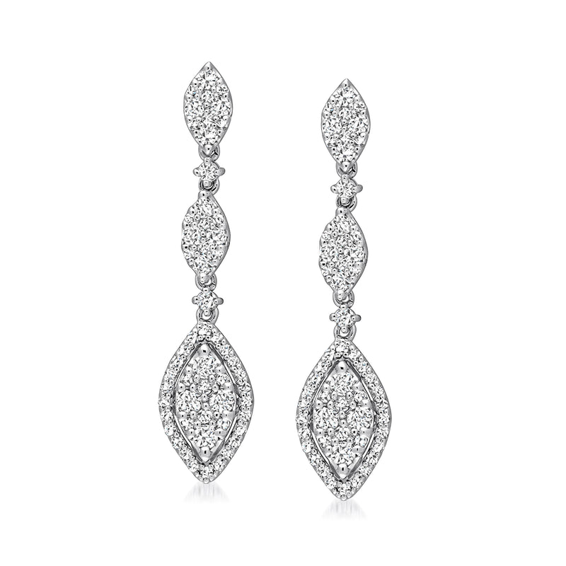 Diamond drop earrings in white gold with three teardrop clusters