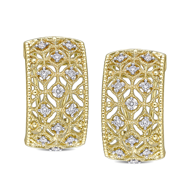 14kt yellow gold diamond openwork half-hoop earrings with milgrain lattice and studs