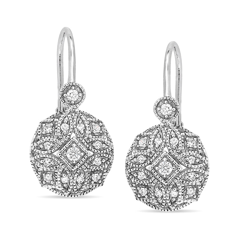 Diamond milgrain openwork drop earrings, 14kt white gold, circular leverback dangles