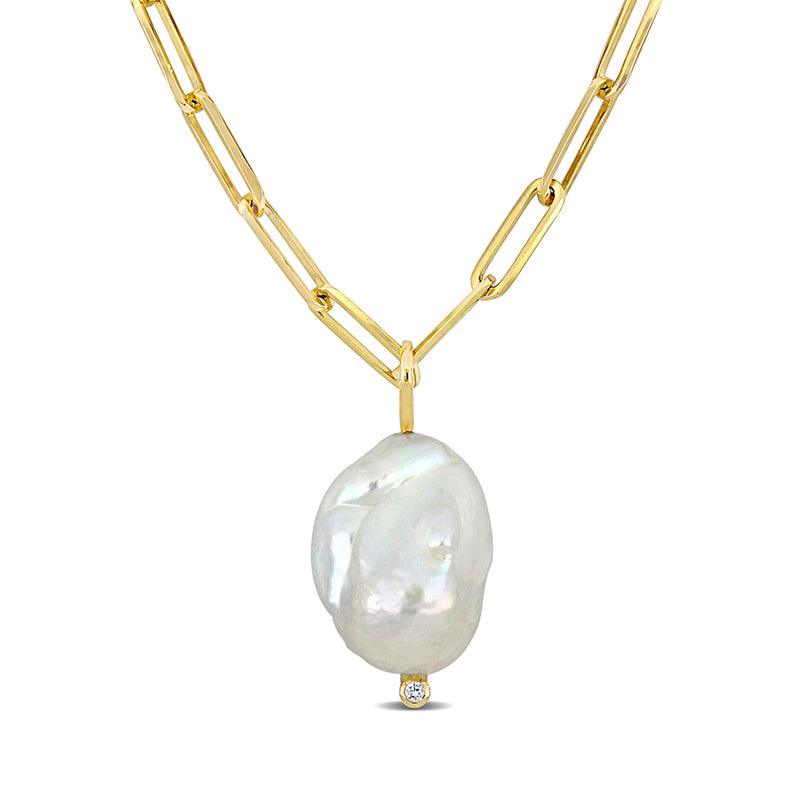 14kt yellow gold link necklace with baroque pearl pendant and diamond accent