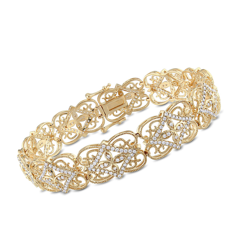 14kt yellow gold diamond openwork bracelet with milgrain detailing, oval link pattern