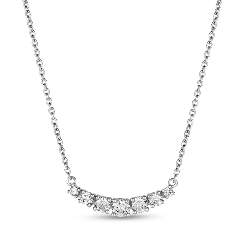 14kt white gold diamond curve necklace with small round stones in a sweeping arc