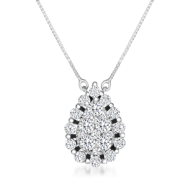 14kt white gold diamond cluster teardrop pendant on chain necklace