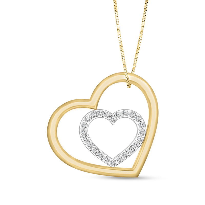 Tilted double-heart diamond pendant necklace in yellow gold